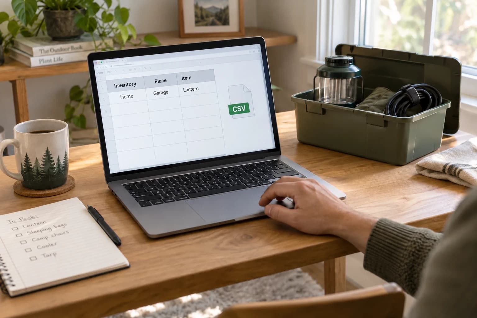 Illustration of an inventory spreadsheet on a laptop beside a storage box containing a lantern