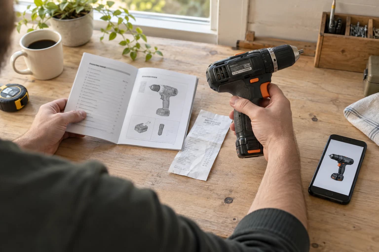 Illustration of checking a cordless drill beside its manual, receipt, and saved item photo
