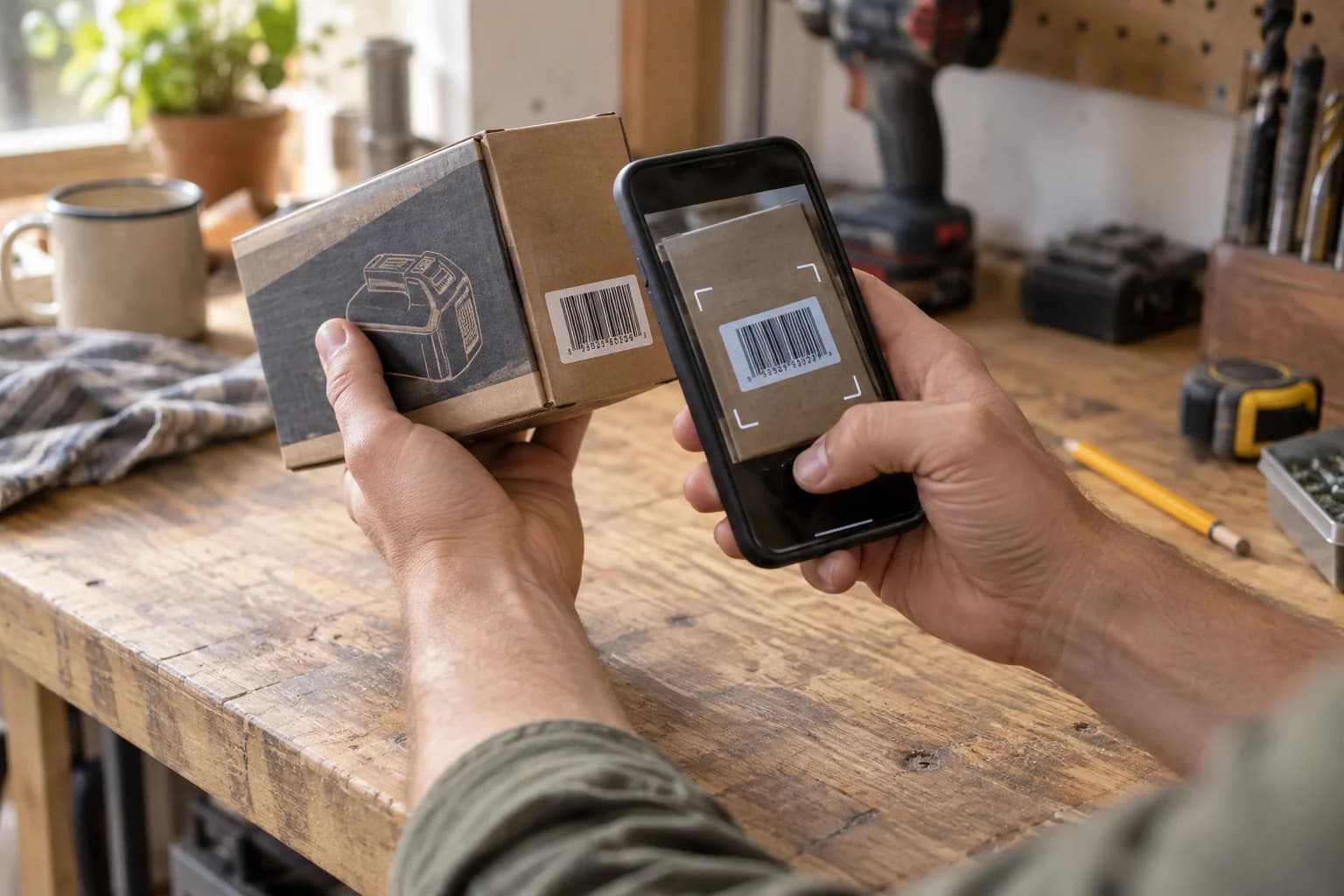 Illustration of scanning a product barcode on a tool-accessory box with a phone