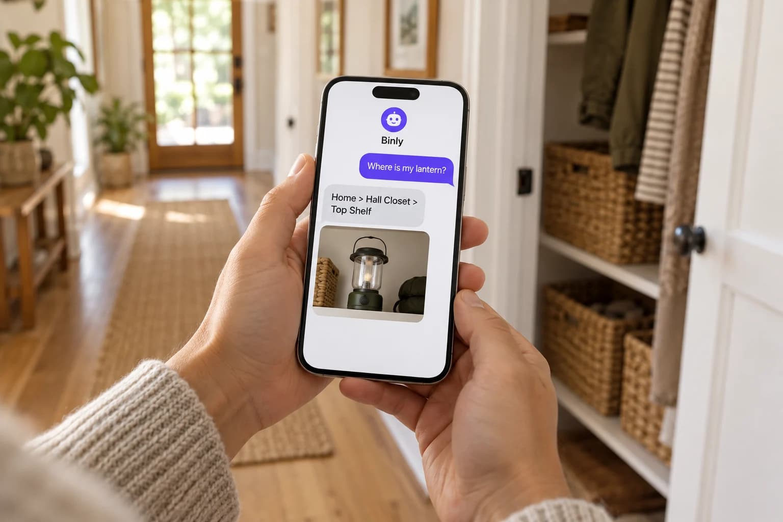 Illustrative text conversation showing a lantern search and its hall-closet location on a phone