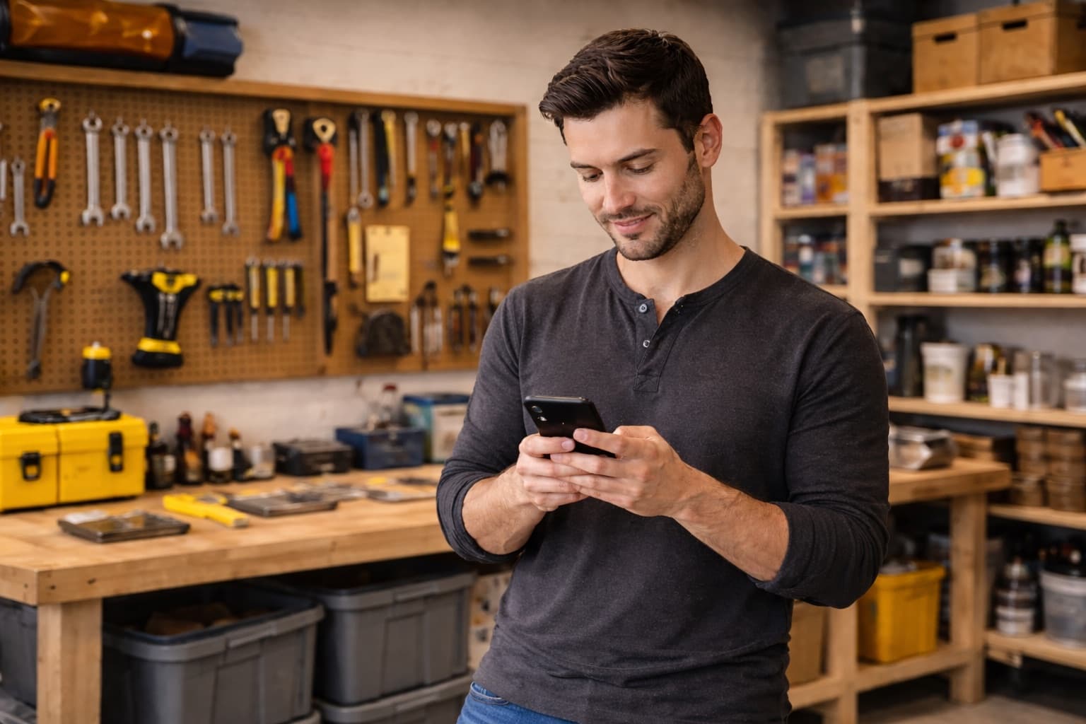 Maker checking supplies on a phone in a workshop before buying duplicates