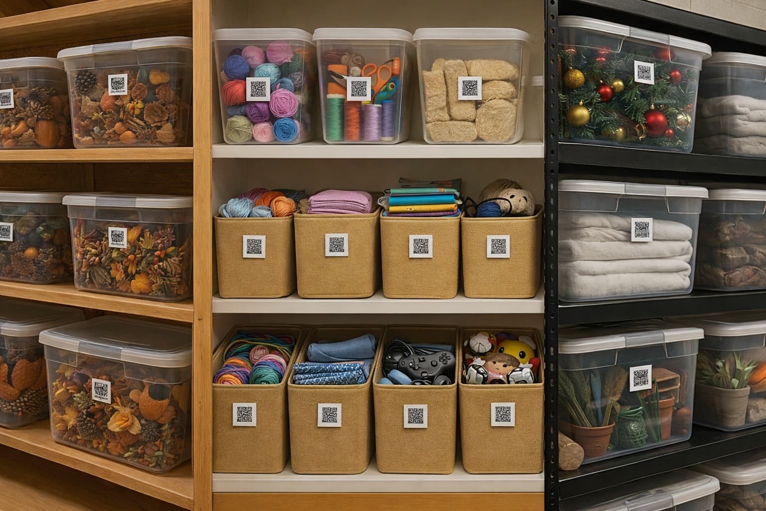 Craft and hobby storage containers with QR labels on shelves