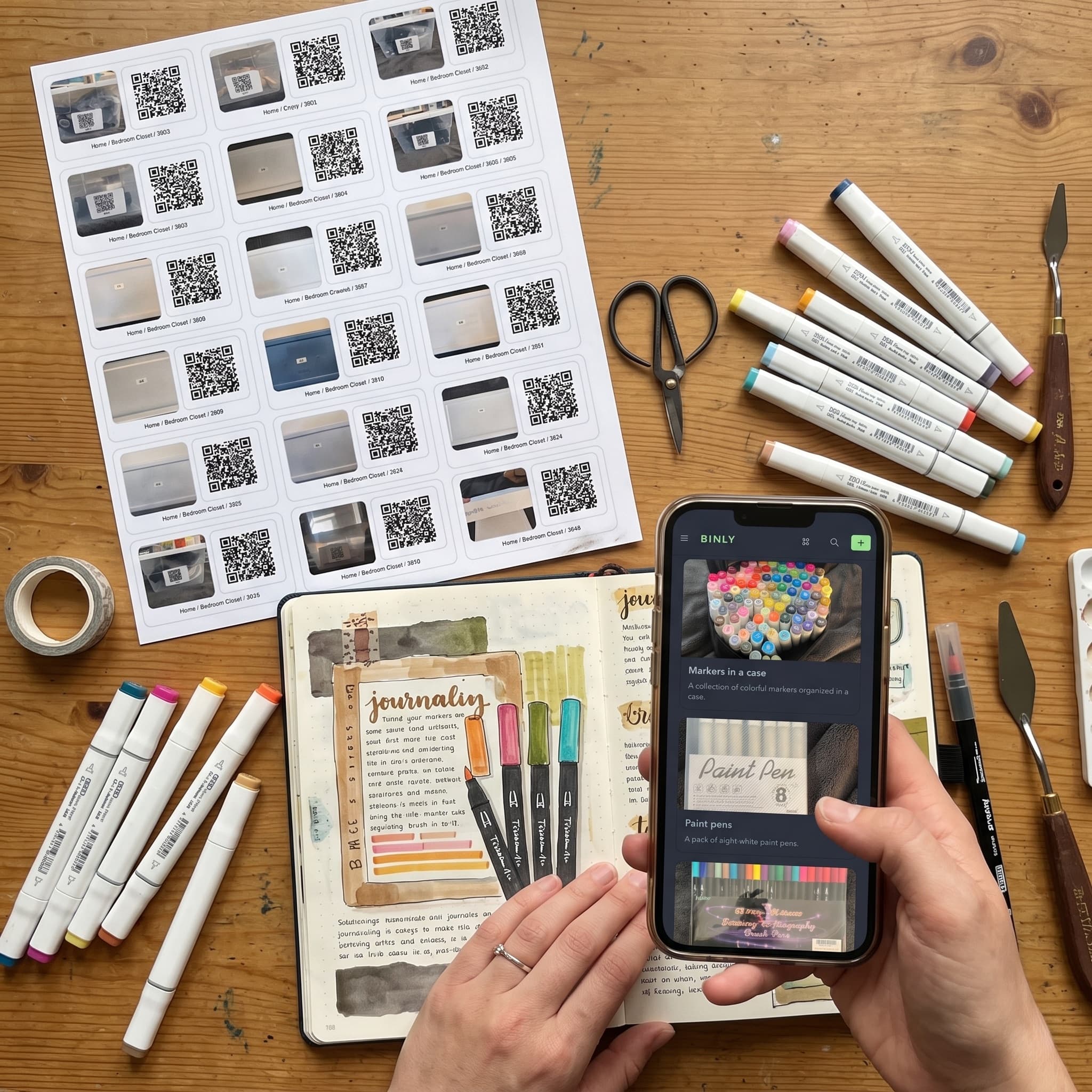 Printable Binly Label Board with QR codes on a craft table beside markers and a phone showing supplies