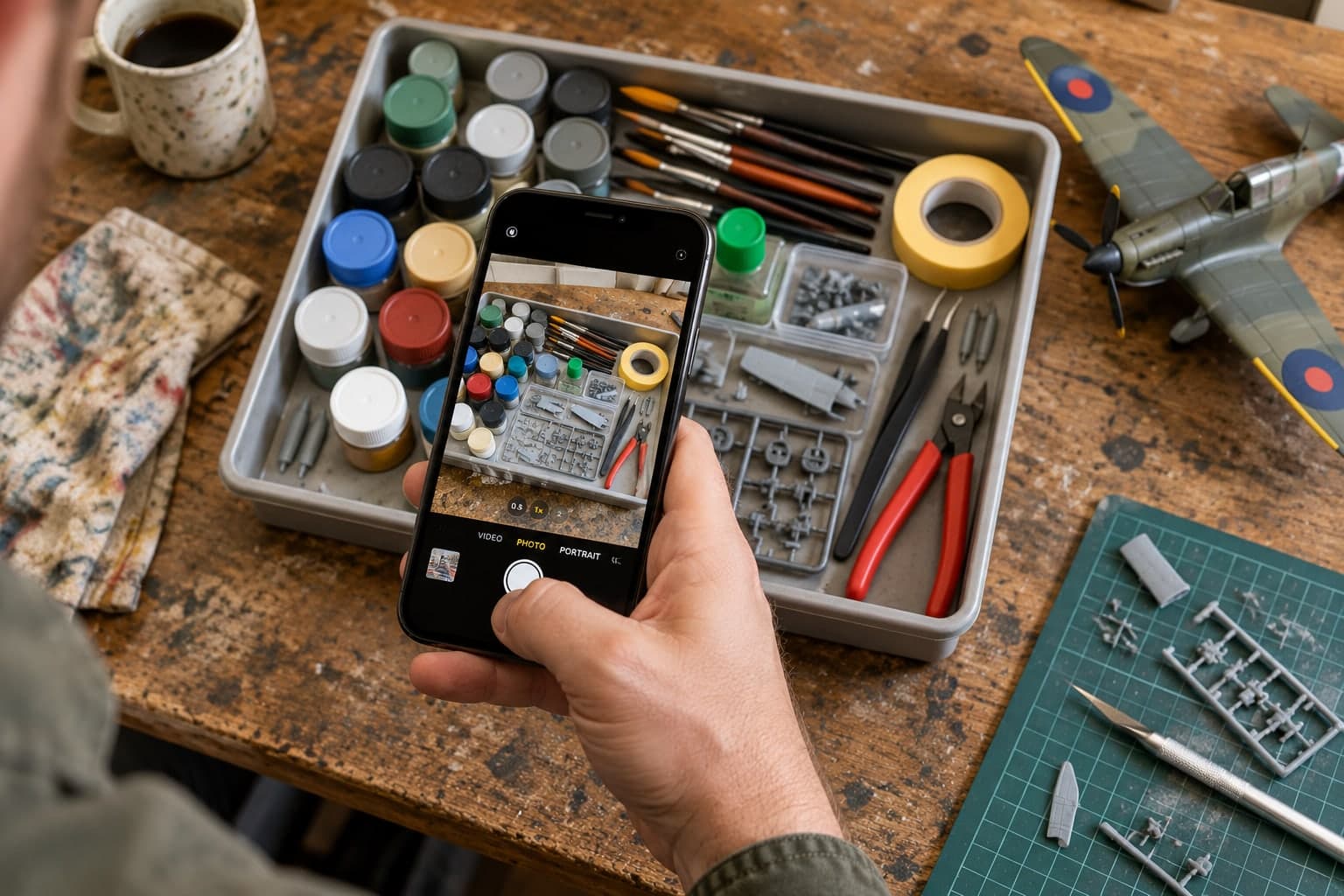 Hobbyist photographing a tray of model-making supplies on a workbench