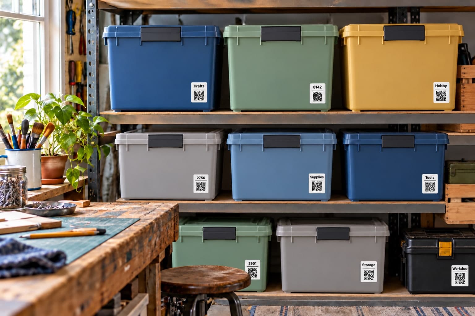 Illustration of labeled colored storage totes on garage shelving beside a craft workbench