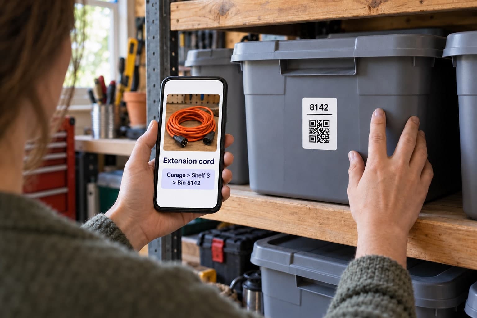 Illustration of a person locating a labeled garage tote using a saved item result on a phone
