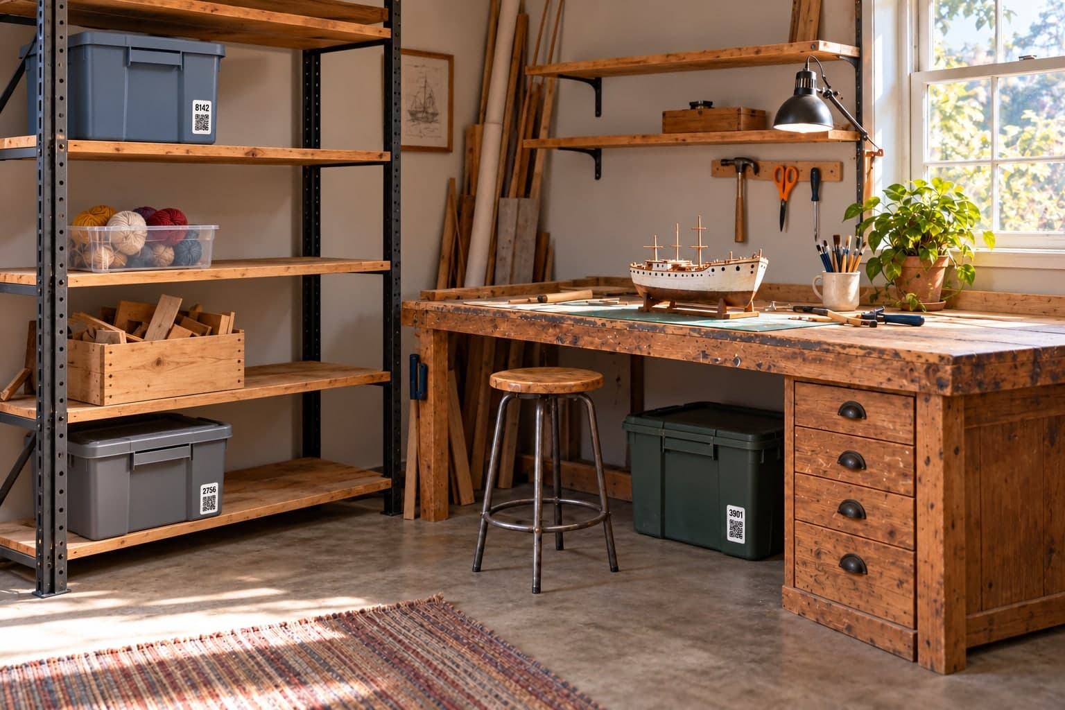 Illustration of a workshop with mixed belongings on open shelves and a workbench