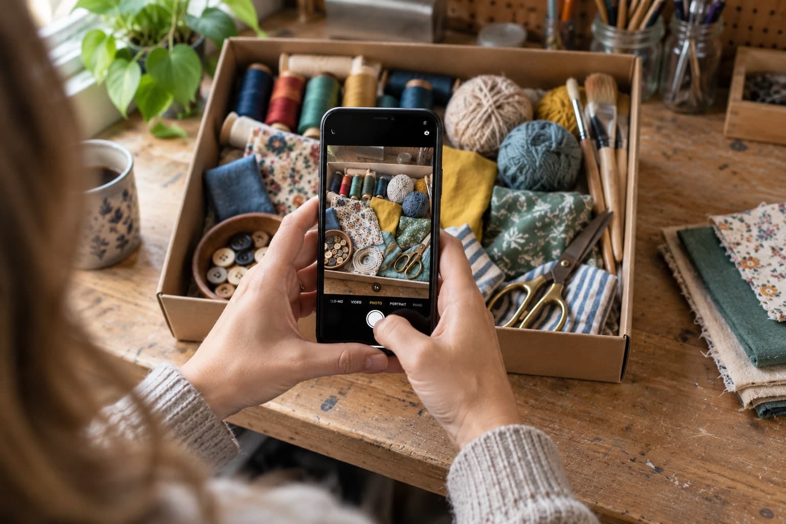 Illustration of photographing thread, yarn, scissors, and fabric in a craft-supply tray