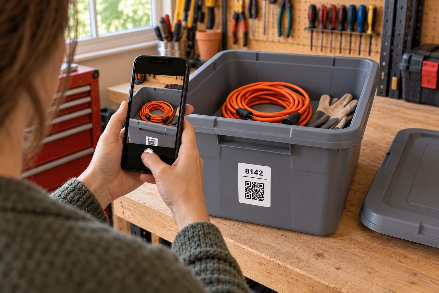 A woman photographing an orange extension cord inside an open opaque gray bin labeled 8142