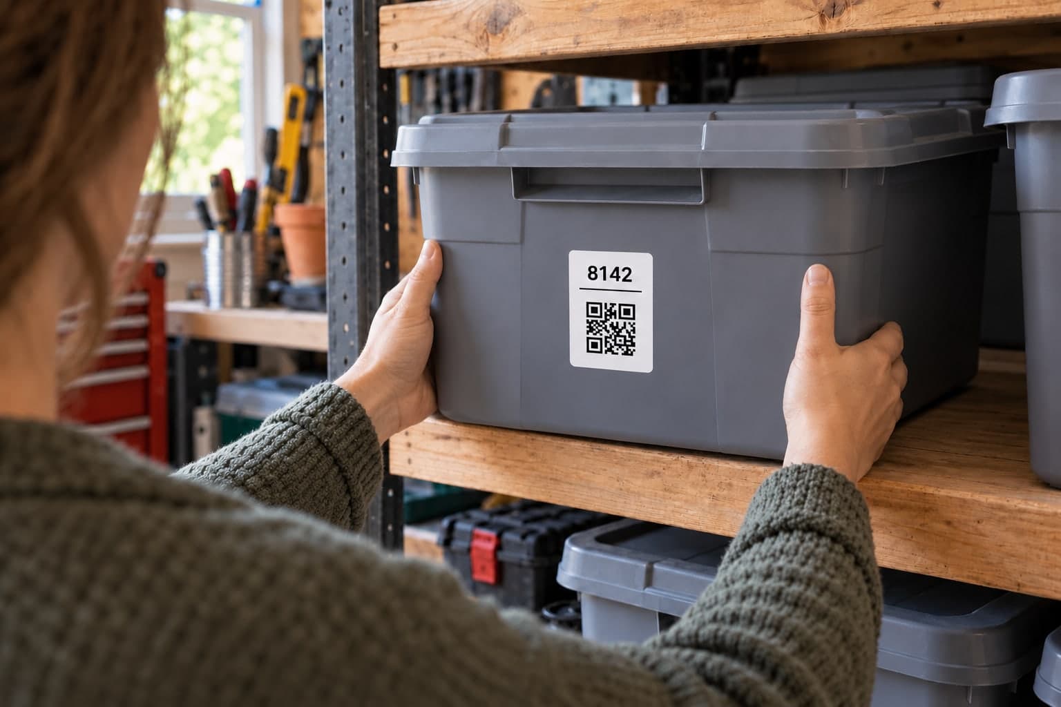 The same woman putting the closed opaque gray bin labeled 8142 onto a garage shelf