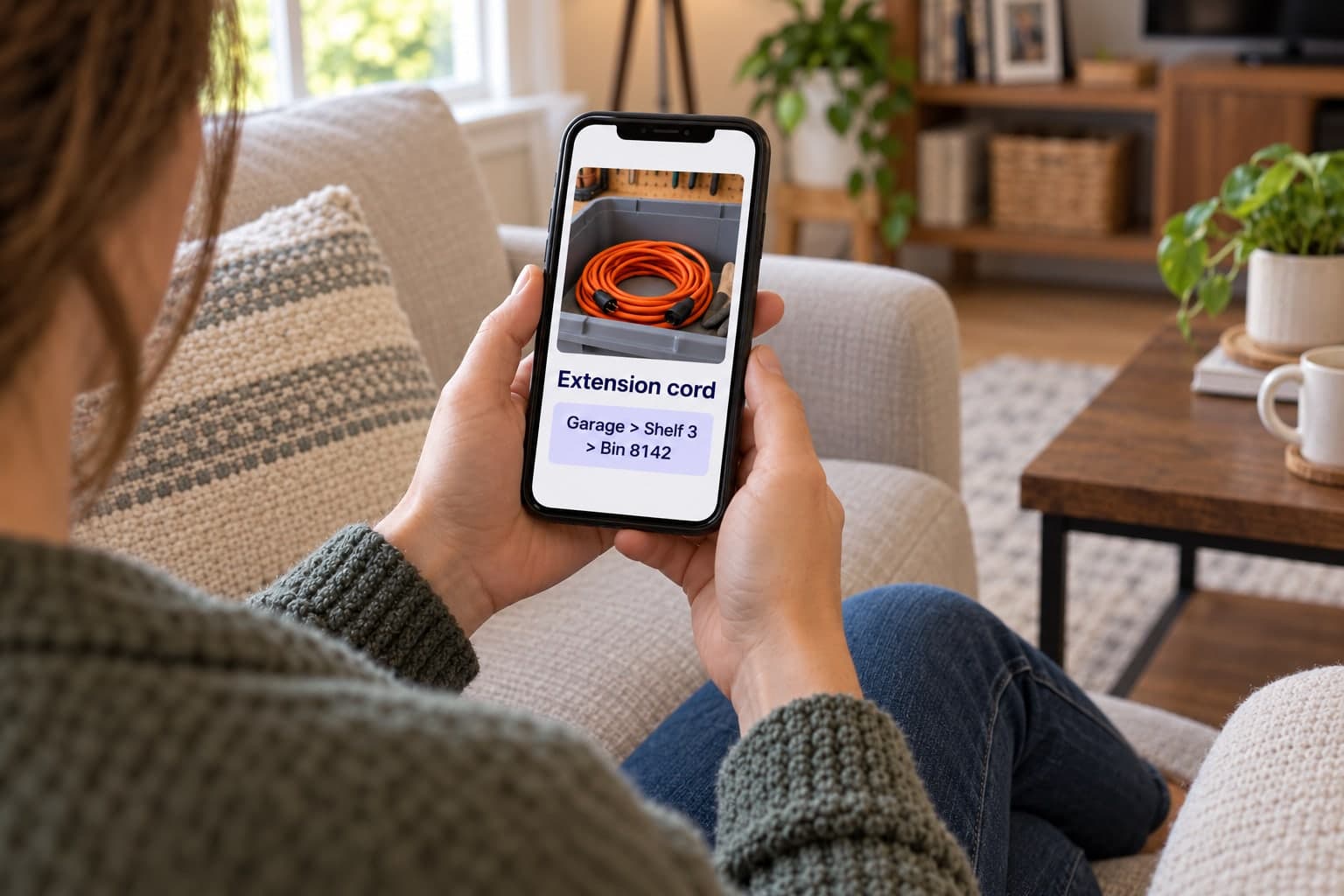 The same woman on a couch finding the extension cord on her phone: Garage > Shelf 3 > Bin 8142