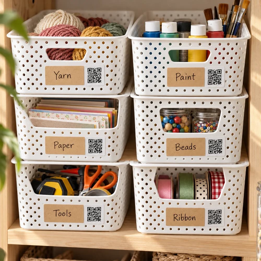 White stacking baskets with handwritten craft categories and companion QR labels
