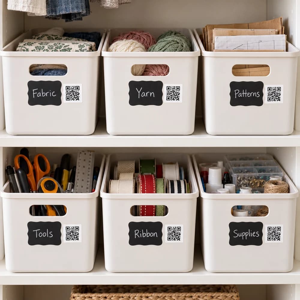 Closet bins with chalkboard category labels and companion QR codes