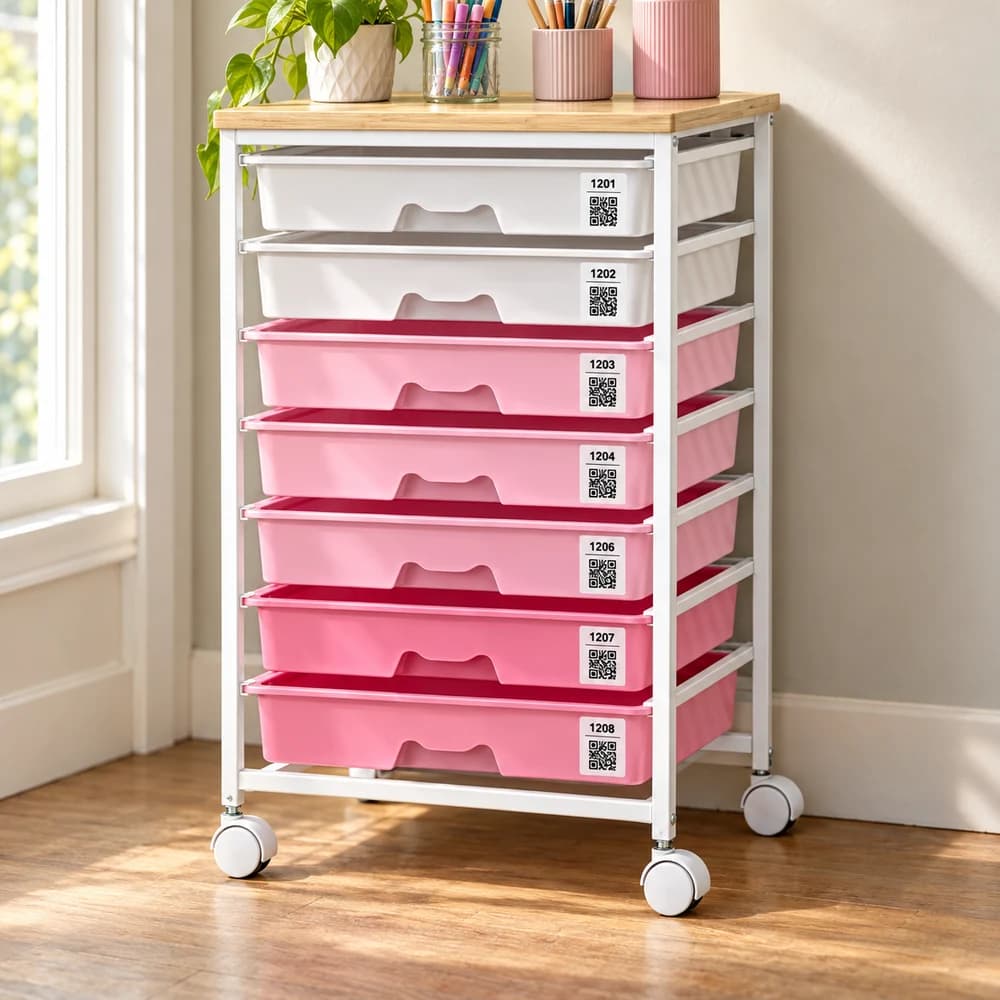 Pink and white craft drawers, each with a small numbered QR label