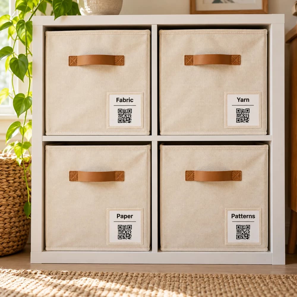 Cream fabric cubes with category names above QR codes in their label windows