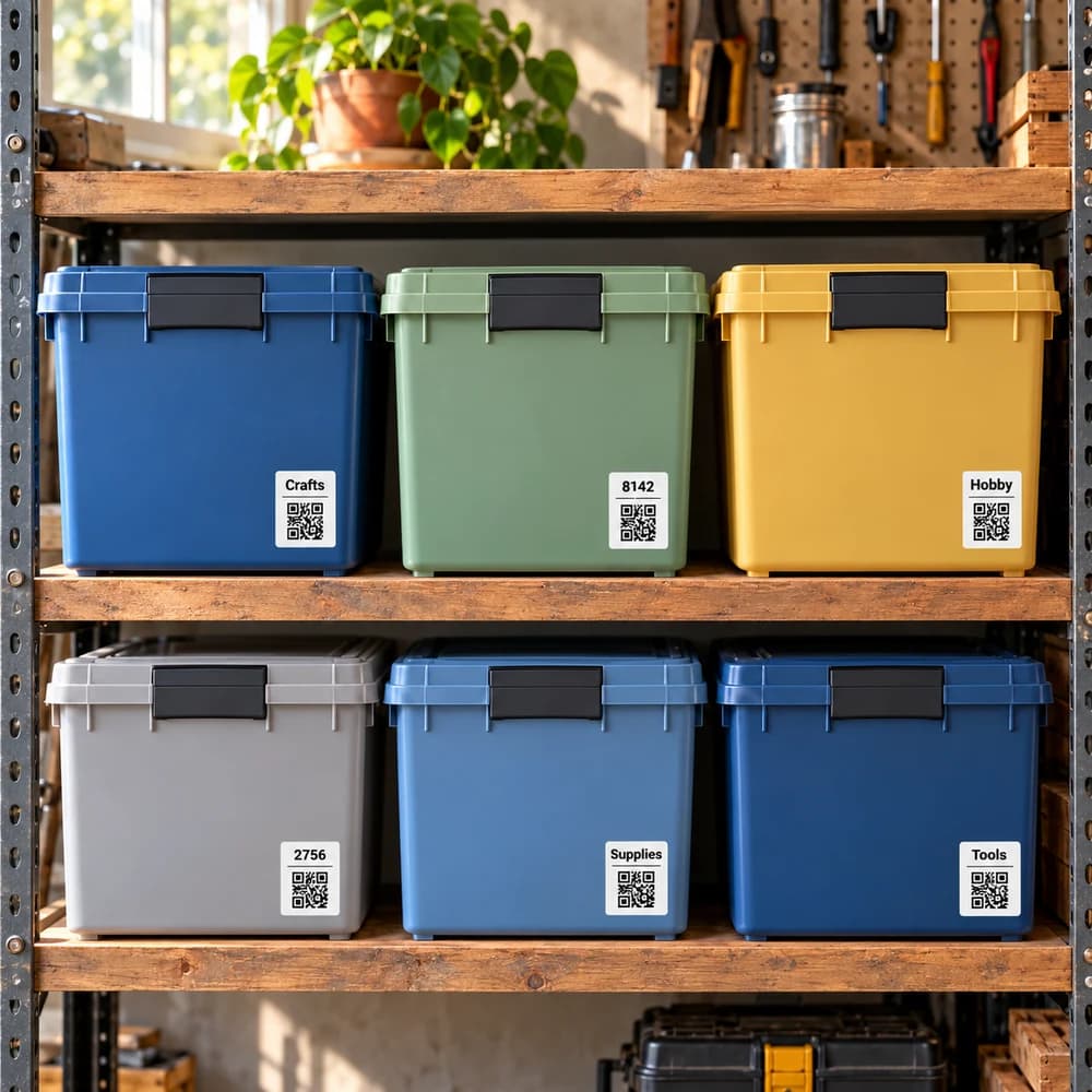 Opaque workshop bins with small category and numbered QR labels