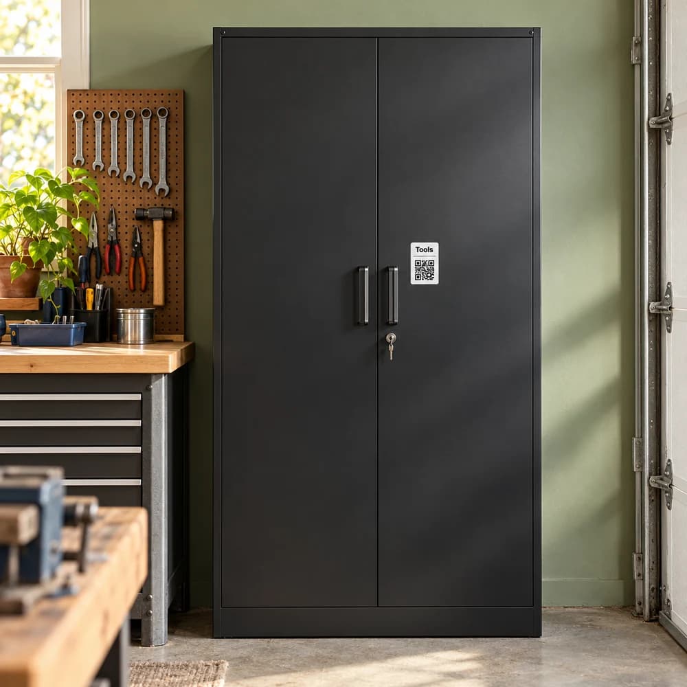 Black metal workshop cabinet with a Tools QR label beside its handle