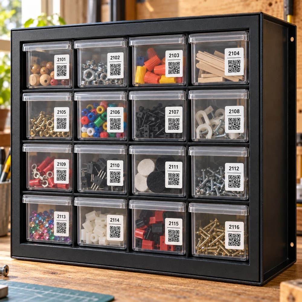 Clear small-parts drawers with visible supplies and individual numbered QR labels