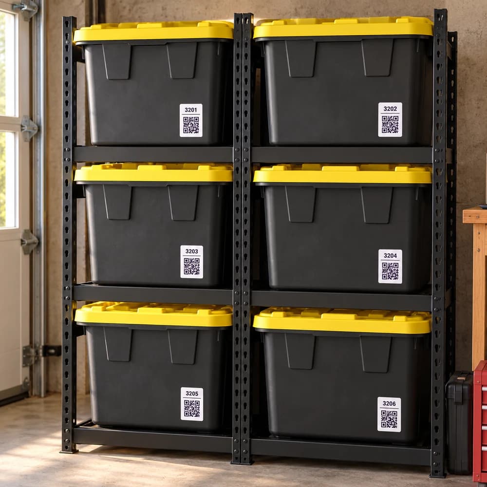 Black garage totes with yellow lids and small numbered QR labels