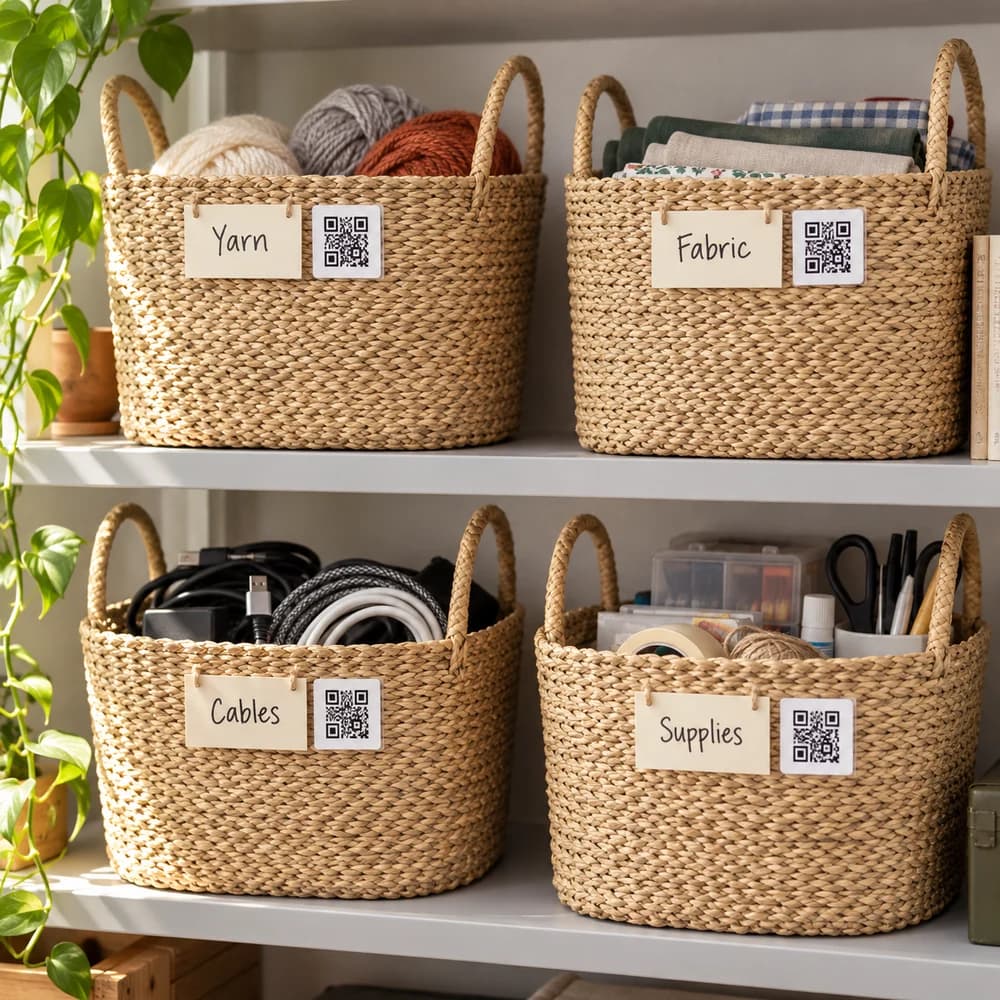 Woven baskets with handwritten category tags and companion QR labels