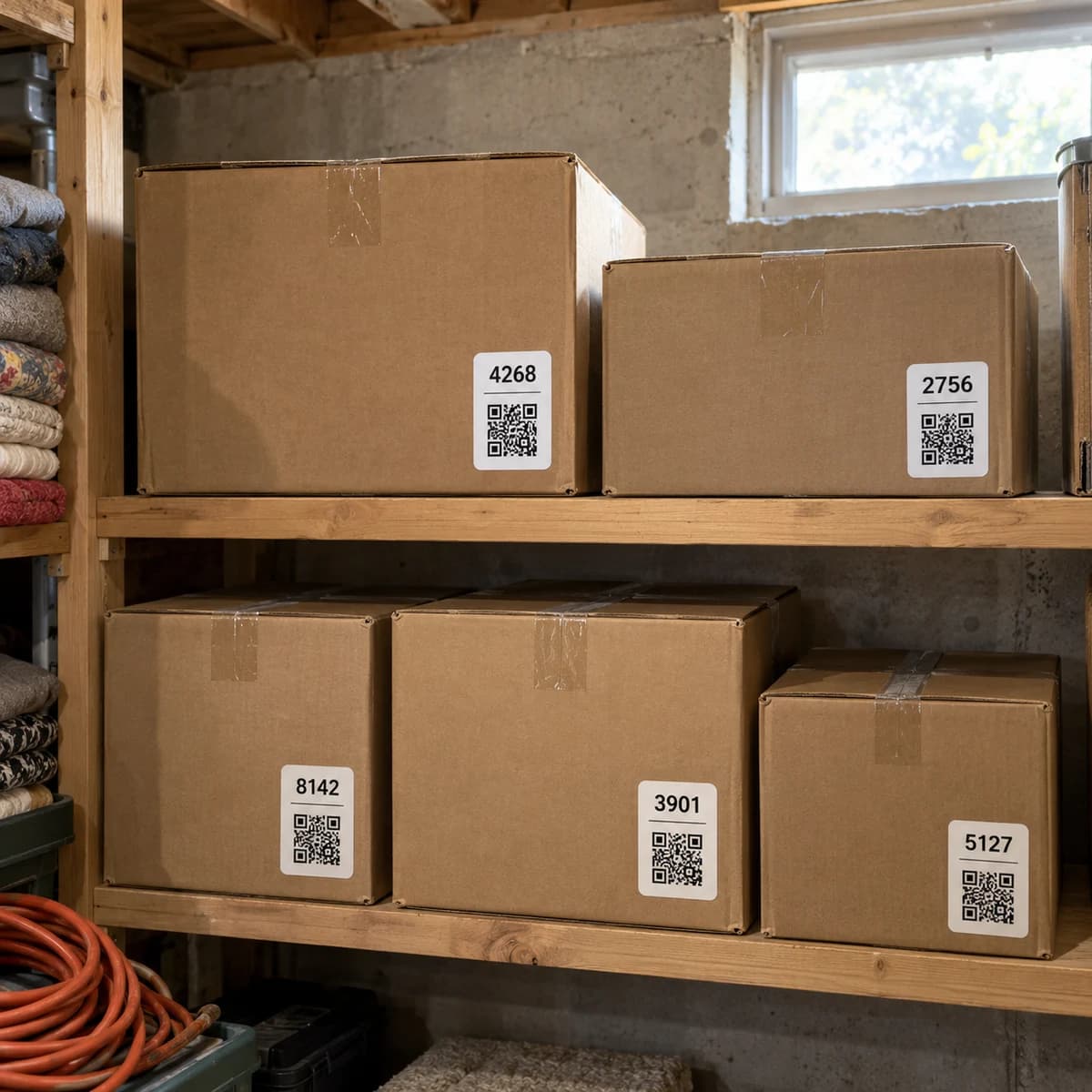 Illustration of labeled cardboard storage boxes on wooden basement shelves