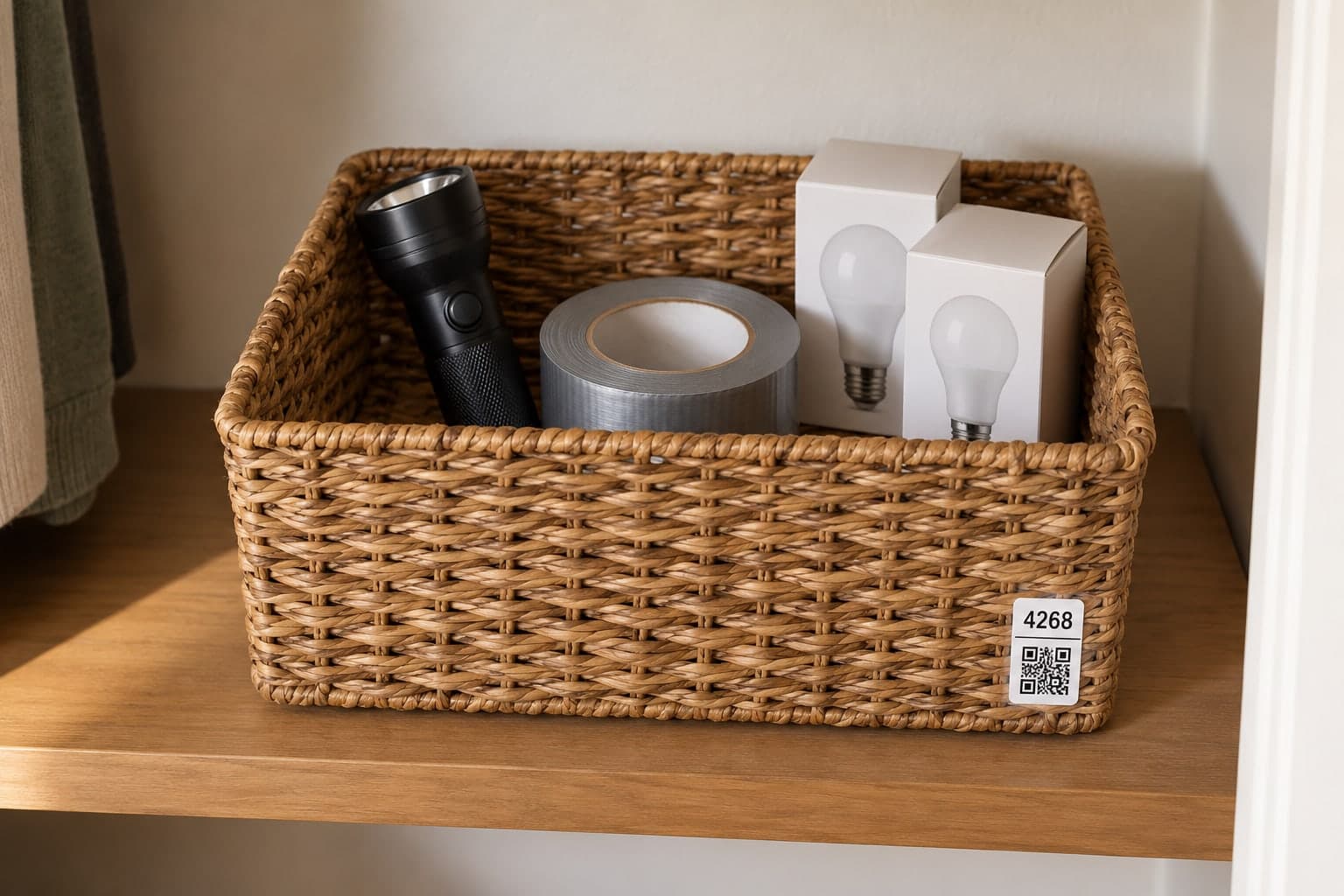 Illustration of a closet basket holding a few household belongings with a small place label