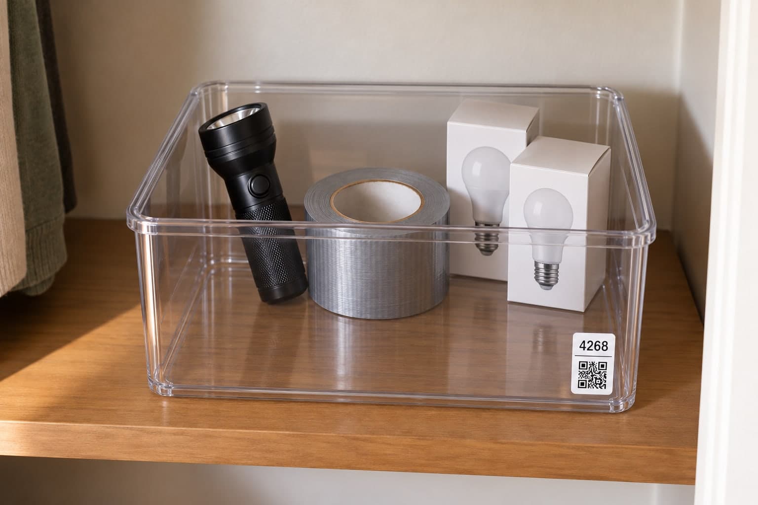Illustration of a clear closet container holding household objects with a small place label