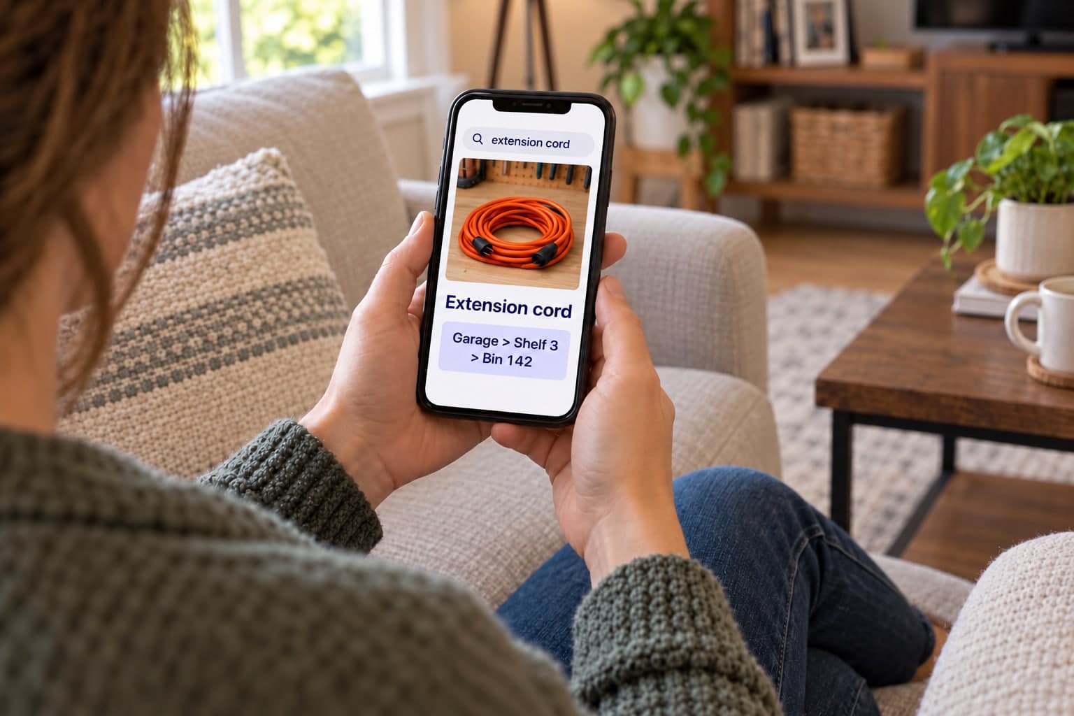 Illustration of an extension cord search result and garage location on a phone