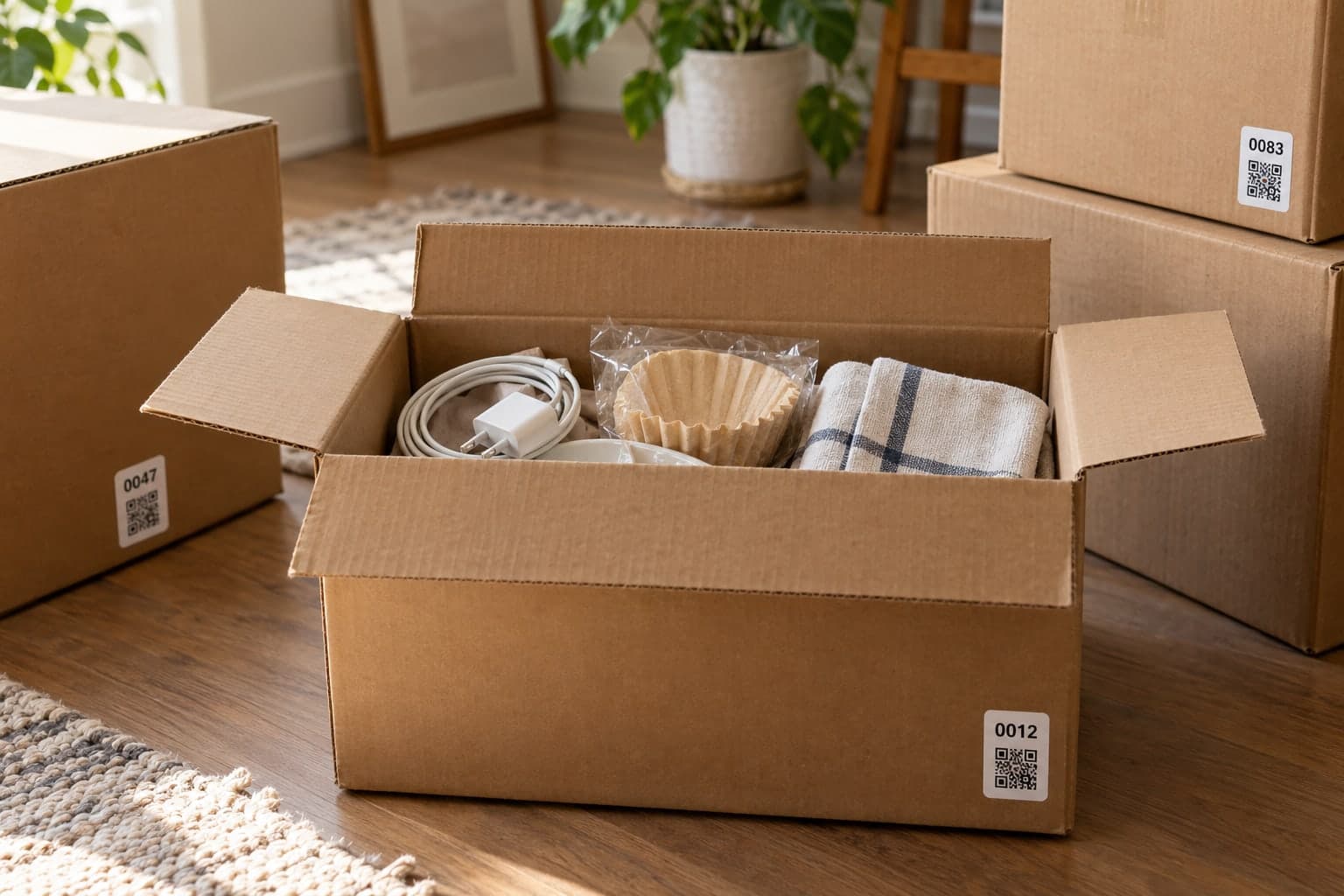Illustration of household dishes packed in a labeled cardboard moving box