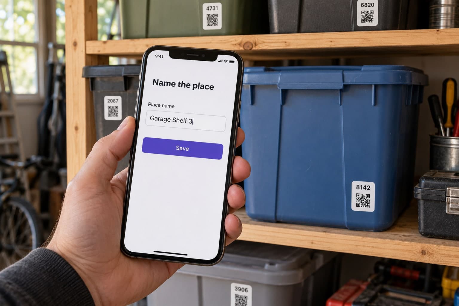 Illustration of naming a garage storage place on a phone beside labeled bins