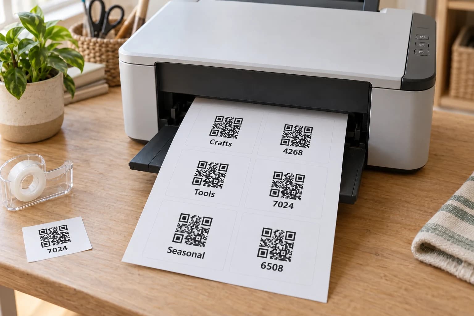 Illustration of a home printer producing a sheet of QR labels