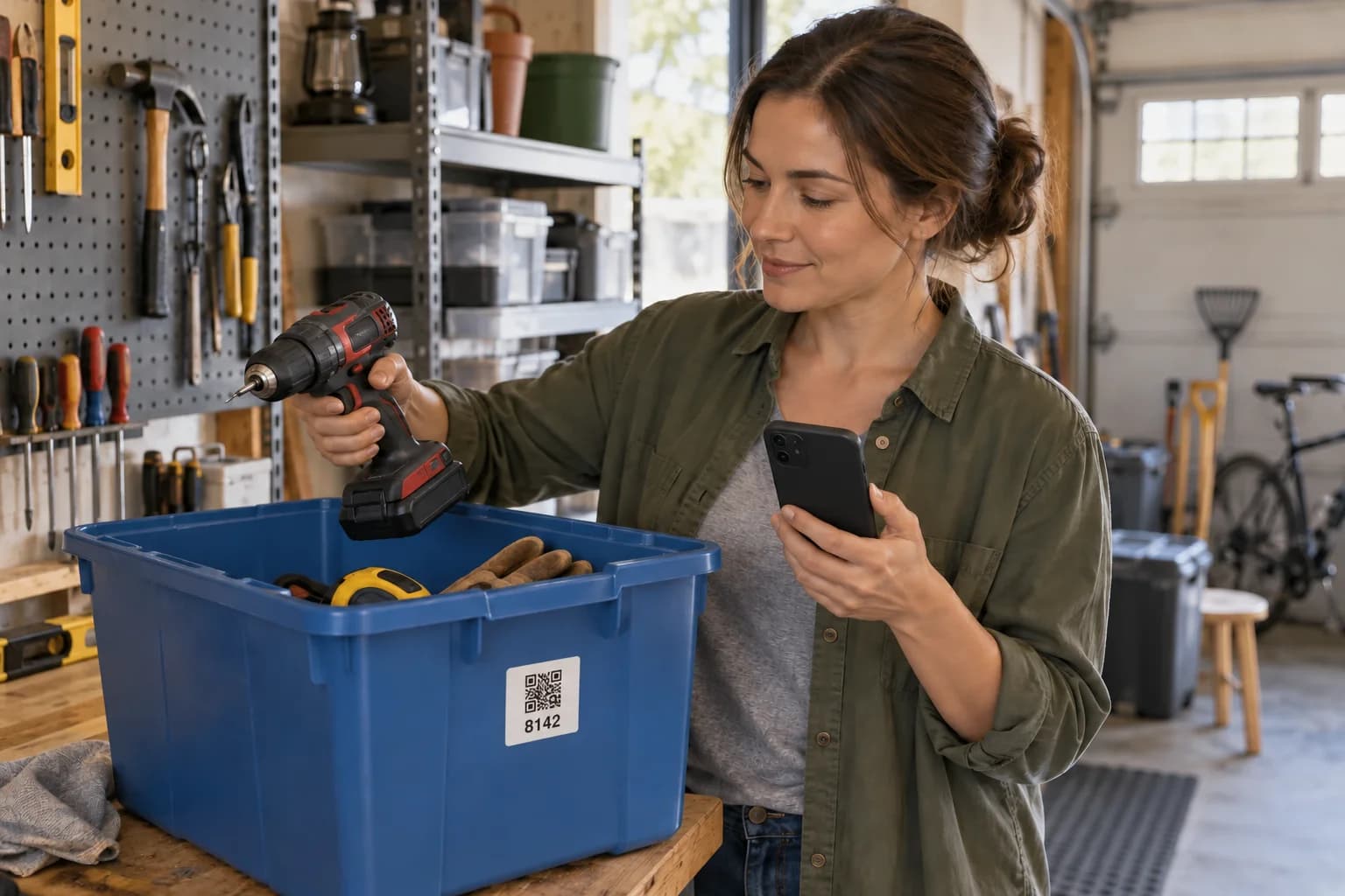 Illustration of a woman returning a cordless drill to a blue bin while holding a phone