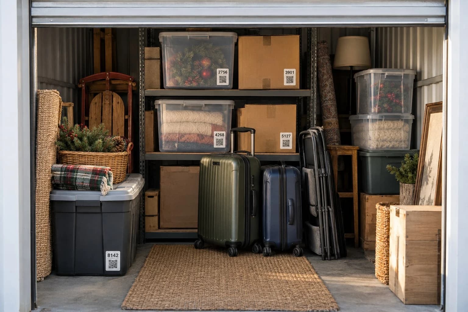 Illustration of household furniture, boxes, and containers inside a storage unit