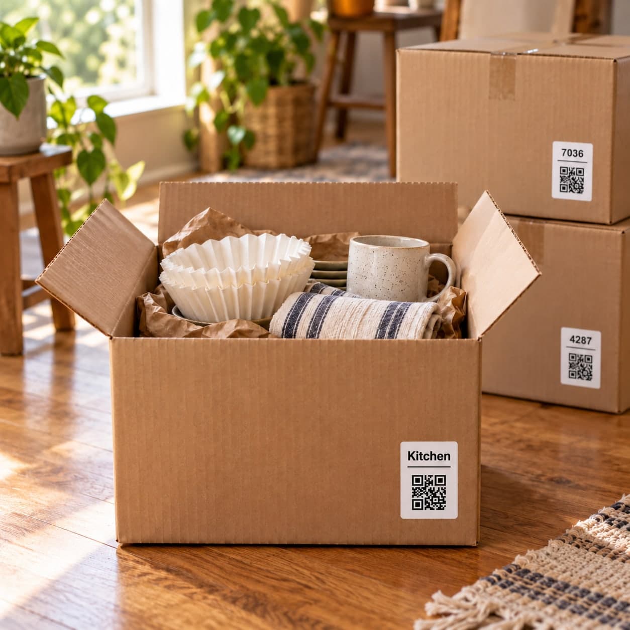 Illustration of kitchen belongings packed together in labeled moving boxes