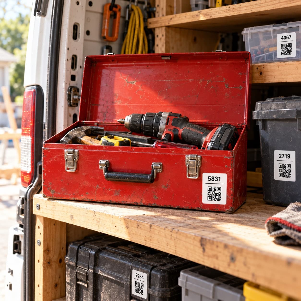 Shared tools and labeled storage boxes arranged on shelves in a workshop vehicle