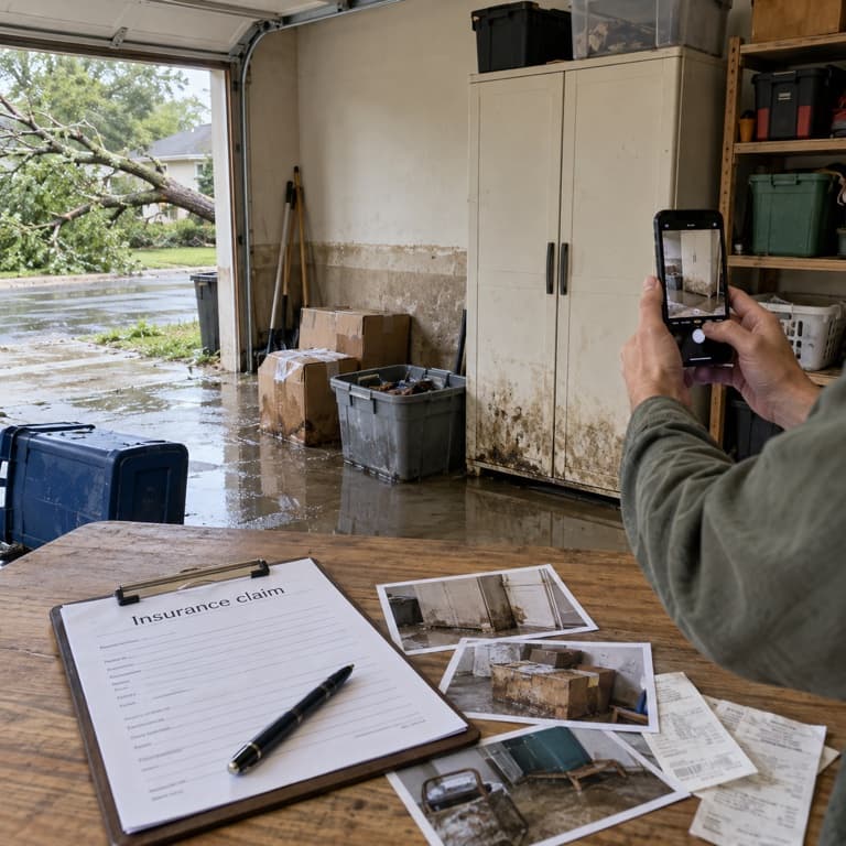 Illustration of a person recording household belongings with a phone beside printed records